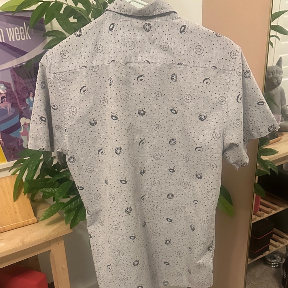 White  and Grey Short-Sleeve Button-Down Shirt with Donut Print - Picture 4 of 4